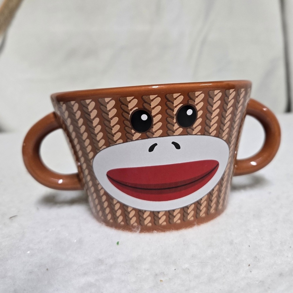 Galerie Sock Monkey Ceramic Cup Bowl Double Handle Brown Novelty Collectible